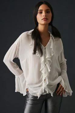 Cheapest ???? By Anthropologie Ruffle-Front Buttondown ???? Shirt IVORY ???? -PAIGE-shop unnamed file 2113