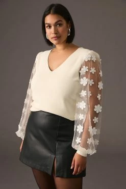 Best deal ???? Dolan Left Coast DOLAN Sheer-Sleeve Appliqué Sweater IVORY ???? -PAIGE-shop unnamed file 2211