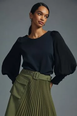 Deals ???? By Anthropologie Silky Balloon-Sleeve Top BLACK ????