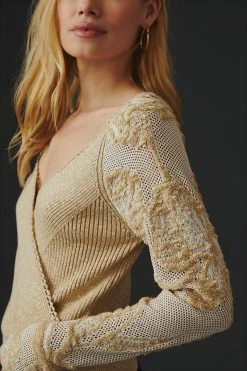 Best Sale ???? By Anthropologie Lace-Sleeve Sweater SAND ???? -PAIGE-shop unnamed file 2334