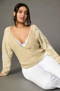 Best Sale ???? By Anthropologie Lace-Sleeve Sweater SAND ???? -PAIGE-shop unnamed file 2335