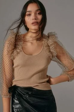 Cheapest ???? Dolan Left Coast DOLAN Sheer-Sleeve Sweater Top NEUTRAL MOTIF ???? -PAIGE-shop unnamed file 2475