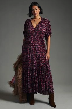 Flash Sale ???? By Anthropologie Printed Ruched-Sleeve Maxi ???? Dress INDIGO ???? -PAIGE-shop unnamed file 2494