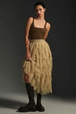 Wholesale 😉 By Anthropologie Ruffled Tulle Midi 👗 Skirt MOSS 👏