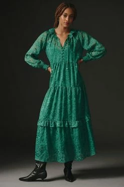 Coupon ⌛ By Anthropologie The Marais Maxi ???? Dress: Satin-Burnout Edition GREEN ???? -PAIGE-shop unnamed file 2533