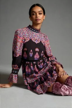 Budget ???? By Anthropologie Tiered Mix-Print ???? Dress BLACK MOTIF ????