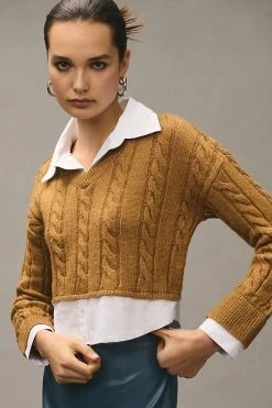 Discount ???? Pilcro Cropped Cable-Knit Twofer Sweater HONEY ????