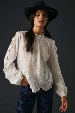 Hot Sale ???? By Anthropologie Embellished Floral Blouse IVORY ???? -PAIGE-shop unnamed file 2724