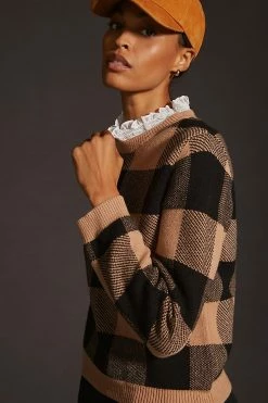 Budget ⌛ By Anthropologie Plaid Ruffle-Collar Pullover Sweater BROWN MOTIF ???? -PAIGE-shop unnamed file 2750