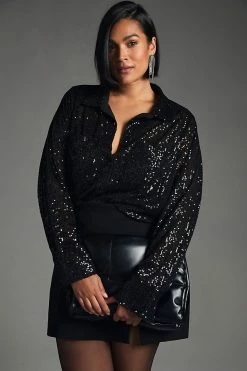 Outlet ???? Sunday In Brooklyn Sequin Buttondown BLACK ???? -PAIGE-shop unnamed file 2834