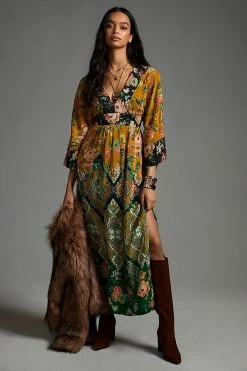 Best Sale ???? By Anthropologie Printed V-Neck Maxi ???? Dress ORANGE MOTIF ????