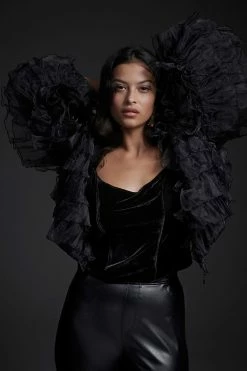 Cheap ???? Eva Franco Ruffled Organza Bomber Jacket BLACK ????
