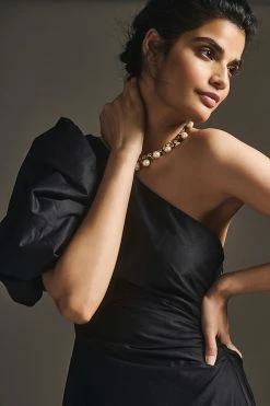 New ???? Aureta Studio One-Shoulder Puff-Sleeve ???? Dress BLACK ???? -PAIGE-shop unnamed file 2942