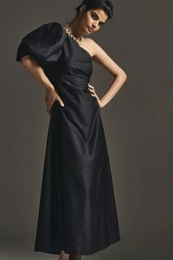 New ???? Aureta Studio One-Shoulder Puff-Sleeve ???? Dress BLACK ???? -PAIGE-shop unnamed file 2943