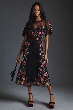Wholesale 🔥 By Anthropologie Embroidered Floral 👗 Dress BLACK MOTIF ⌛