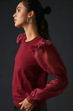 Promo ⭐ English Factory Ruffled Puff-Sleeve Blouse WINE ???? -PAIGE-shop unnamed file 3009