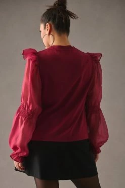 Promo ⭐ English Factory Ruffled Puff-Sleeve Blouse WINE ???? -PAIGE-shop unnamed file 3012