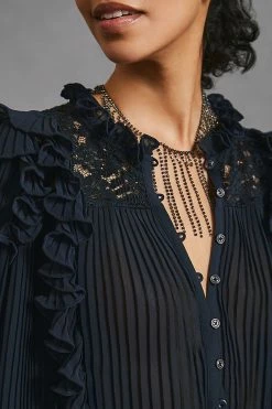Outlet ???? By Anthropologie Pleated Ruffled Blouse BLACK ???? -PAIGE-shop unnamed file 3036