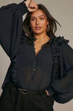 Outlet ???? By Anthropologie Pleated Ruffled Blouse BLACK ???? -PAIGE-shop unnamed file 3038