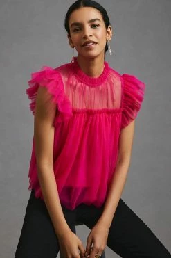 Coupon ???? Sunday In Brooklyn Ruffled Mesh Top PINK ???? -PAIGE-shop unnamed file 3094