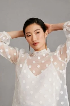 Hot Sale ???? Flat White Sheer Polka-Dot Blouse WHITE ???? -PAIGE-shop unnamed file 3214