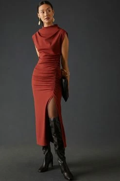 Best deal ⌛ By Anthropologie Ruched Cowl-Neck 👗 Dress Dark Red 🌟