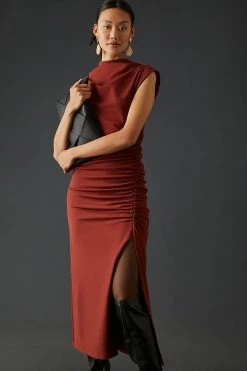 Best deal ⌛ By Anthropologie Ruched Cowl-Neck ???? Dress Dark Red ???? -PAIGE-shop unnamed file 3546