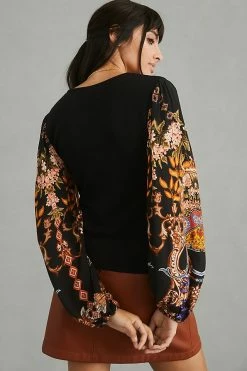 Promo ???? Bl-nk Printed-Sleeve Sweater Top BLACK MOTIF ???? -PAIGE-shop unnamed file 3754