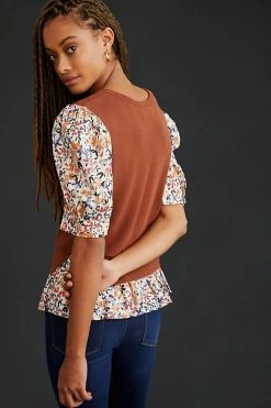 Best Pirce ⭐ By Anthropologie Puff-Sleeve Sweater BROWN MOTIF ???? -PAIGE-shop unnamed file 3890