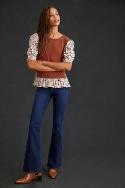 Best Pirce ⭐ By Anthropologie Puff-Sleeve Sweater BROWN MOTIF ???? -PAIGE-shop unnamed file 3891