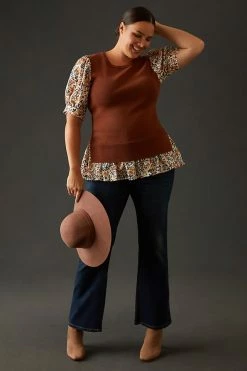 Best Pirce ⭐ By Anthropologie Puff-Sleeve Sweater BROWN MOTIF ???? -PAIGE-shop unnamed file 3892