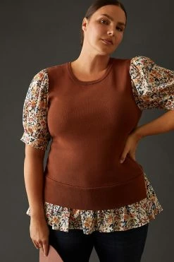 Best Pirce ⭐ By Anthropologie Puff-Sleeve Sweater BROWN MOTIF ???? -PAIGE-shop unnamed file 3893