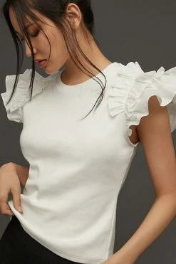 Outlet ❤️ By Anthropologie Woven Ruffle Top WHITE ???? -PAIGE-shop unnamed file 3998