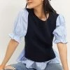 Best Pirce ⌛ By Anthropologie Layered Poplin-Sleeved Sweater NAVY ???? -PAIGE-shop unnamed file 4020