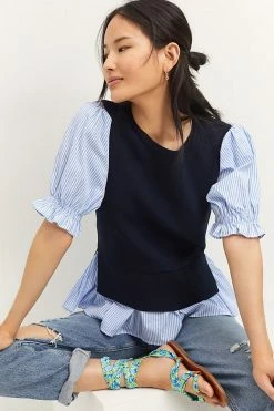 Best Pirce ⌛ By Anthropologie Layered Poplin-Sleeved Sweater NAVY ????