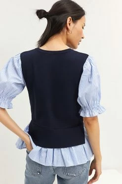 Best Pirce ⌛ By Anthropologie Layered Poplin-Sleeved Sweater NAVY ???? -PAIGE-shop unnamed file 4022