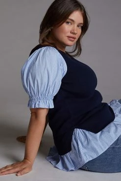 Best Pirce ⌛ By Anthropologie Layered Poplin-Sleeved Sweater NAVY ???? -PAIGE-shop unnamed file 4023