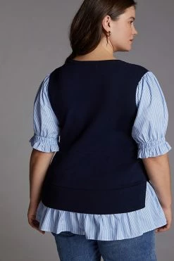 Best Pirce ⌛ By Anthropologie Layered Poplin-Sleeved Sweater NAVY ???? -PAIGE-shop unnamed file 4024