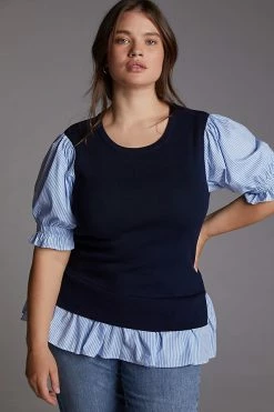 Best Pirce ⌛ By Anthropologie Layered Poplin-Sleeved Sweater NAVY ???? -PAIGE-shop unnamed file 4025