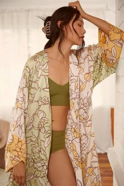 Promo ๐ By Anthropologie Printed Silk Robe GREEN MOTIF ๐